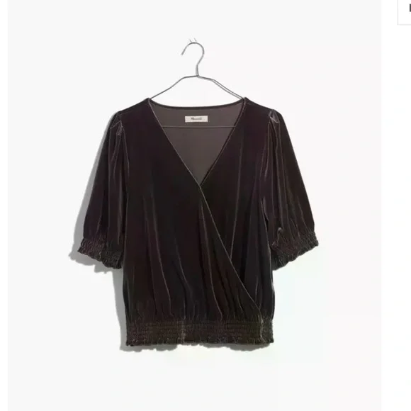 Madewell Smocked Velvet Crossover Top Dark Metal - Picture 1 of 7